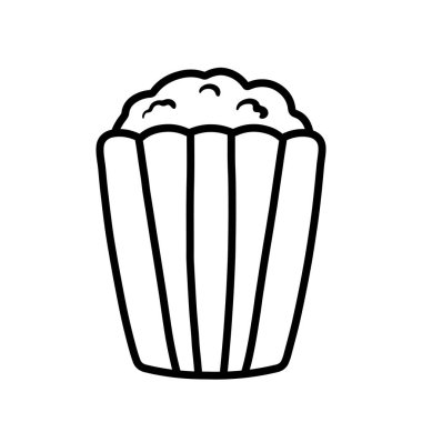 Çizgili kırmızı ve beyaz kutu karalama ikonu içinde basit siyah çizgili patlamış mısır. Sinema çizgi filminde film izlemek için izole edilmiş vektör çizimi.