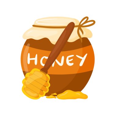 Ahşap bal kaşıklı şirin bal küpü şeffaf arkaplanda izole edilmiş karalama ikonu çizgi film vektör çizimi