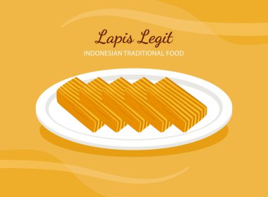 Kue lapis Legit, Endonezya tereyağlı kek fırınıdır. Beyaz tabak üzerinde tatlı yemek vektör çizimi.