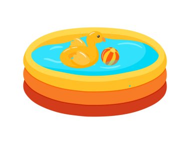Yaz tatili için yüzen çocuklar için su içinde yüzen şişme ördek ve top yüzen şirin renkli plastik havuz ve şeffaf arka planda izole edilmiş tatil vektör çizimi.