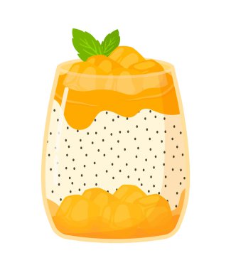 El çizimi Mango Pudingi ve Chia tohumları cam kavanozda tatlı yemek karikatürü çizimi şeffaf arkaplanda izole edilmiş meyveli tatlı tatlılar.