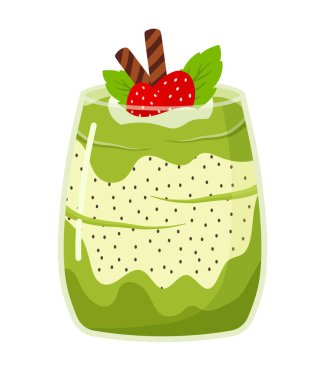 El çizimi Matcha Pudingi ve Chia tohumları cam kavanozda tatlı yiyecek karikatürü çizimi şeffaf arkaplanda izole edilmiş meyveli tatlı tatlılar.