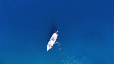 Bu güzel drone görüntüsü, turistler aşağıdaki ferahlatıcı denize dalarken canlı, kristal berrak mavi sularda demirli beyaz bir yat yakalıyor. Kaliteli 4k görüntü