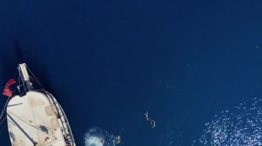 Bu çarpıcı drone görüntüsü, aşağıdaki canlı turkuaz sulara dalan turistlerle tropikal bir adanın yakınında demirli beyaz bir yat yakalıyor. Kaliteli 4k görüntü