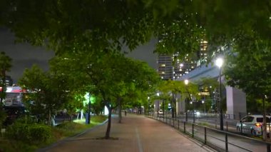 Tokyo 'nun panoramik gece manzarası aydınlanmış gökdelenleri ve karanlık gökyüzünün altındaki köprüleri aydınlatıyor. Canlı şehir ışıkları, insanların olmadığı hareketli bir şehir atmosferi yaratır.. 