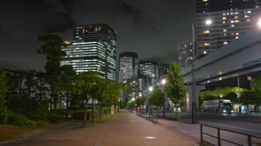 Gece Tokyo 'nun panoramik manzarasında aydınlık gökdelenler, köprüler ve karanlık gökyüzünün altında parlak şehir ışıkları görünür bir insan yok.. 
