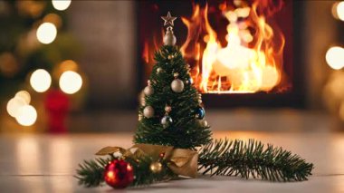 Süslerle süslenmiş küçük bir Noel ağacı sıcak, parıldayan bir şöminenin önünde duruyor ve sıcak bir tatil ortamı yaratıyor.. 