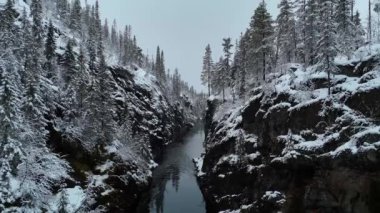 Huzurlu bir nehrin üzerindeki kar kaplı bir kaya tünelinin büyüleyici görüntüsü Norveç kış cazibesini ve doğal güzelliği vurguluyor.