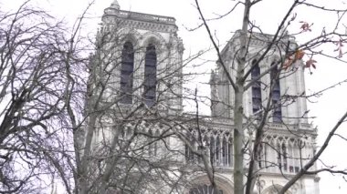 Paris 'teki Notre Dame Katedrali' nin yenilenmiş cephesi, çıplak kış ağaçları tarafından çerçevelenmiş, ikonik gotik mimarisini vurguluyor.. 