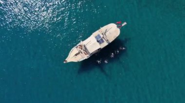 Yattaki turistlerin canlı bir drone görüntüsü, kenardan kristal berraklığında suya atlıyor, dinamik dairesel bir hareketle çekiliyor.. 