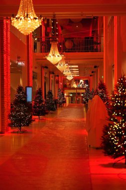 Göz kamaştırıcı bir koridor ışıl ışıl avizelerle süslenmiş, Noel ışıkları yanıp sönen ağaçlar, bayram zarafetini ve sıcaklığını çağrıştıran.