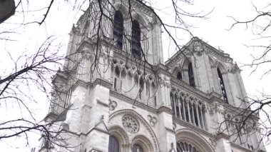 Paris 'teki Notre Dame Katedrali' nin ikonik cephesi, narin kış dalları tarafından çerçevelenmiş, gotik mimari ve cazibeyi gözler önüne seriyor..