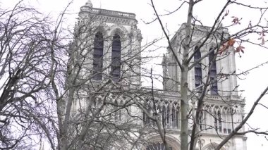 Paris 'teki Notre Dame Katedrali' nin yenilenmiş cephesi, çıplak kış ağaçları tarafından çerçevelenmiş, ikonik gotik mimarisini vurguluyor.. 