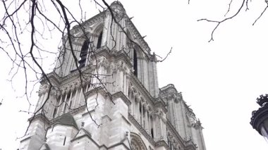 Paris 'teki Notre Dame Katedrali' nin tarihi ve mimari önemini vurgulayan karmaşık gotik ayrıntıları içeriyor..