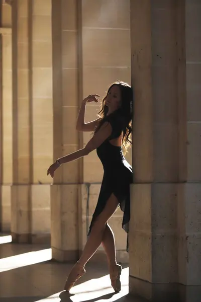 Dalgalı siyah bir elbise içinde zarif bir balerin, bir sütunun yanında dengede duruyor. Silüeti, sabah güneşinin yumuşak ışığıyla aydınlatılıyor klasik bir taş atari salonunda.