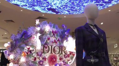 Paris, Fransa 02.20.2025 Dior Mağazası Mannequin ve Çiçekli Kuş Görünümü 