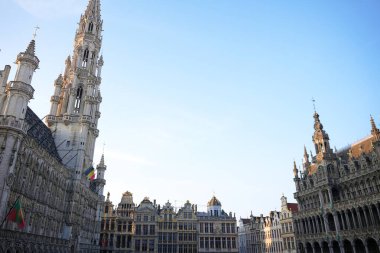 Bruxelles, Belçika 04.01.2025 Grand Place Panoramik Manzarası ikonik Belediye Binası Kulesi, süslü loncalar ve gün batımında Maison du Roi. 