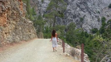 Dik uçurumlar ve kayalık bir kanyondaki çam ağaçlarıyla toprak dağ yolunda tek başına yürüyen bir kadının arka görüntüsü. 