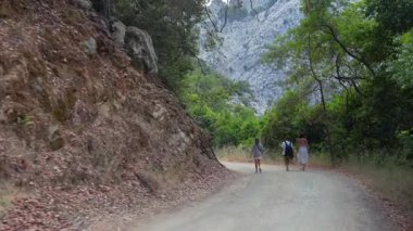 Ağaçlarla çevrili toprak bir yol boyunca üç kişi yürüyüş yapıyor. İleride sarp kayalık bir dağ görünüyor. 