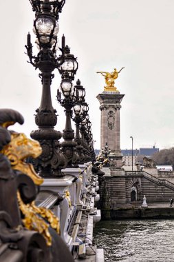 Paris 'te bulutlu bir günde Pont Alexandre III' ün dekoratif fenerleri ve altın heykeliyle mimari detayları.