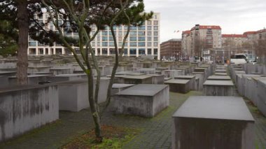 Berlin 'de öldürülen Avrupa Yahudilerinin anısına 17 Mayıs 2025' te bulutlu gökyüzünün altında yosun kaplı stelae ve arka plandaki modern binalar