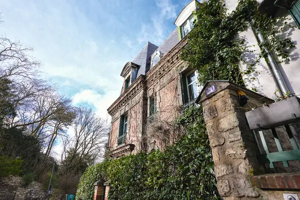 Montmartre Paris 'te 22 Şubat 2025' te yakalanan yeşil panjurlu ve taş çitli büyüleyici sarmaşık.