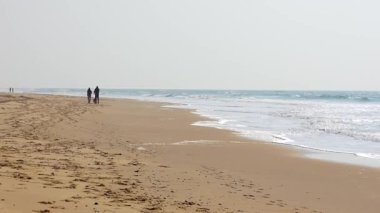 Sahil şeridi, kumsalda ayak izleri ve lastik izleri. Sakin, puslu bir günde, yürüyen bir çiftle birlikte.