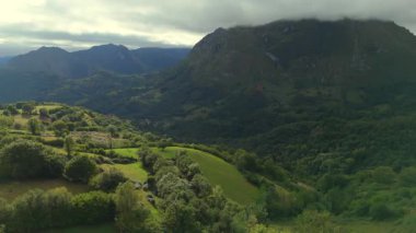 Arkasında orman ve dağlar olan tepeler bulutlu gökyüzünün altında