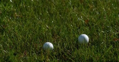 Golf topu yeşil çimlere düşüyor.