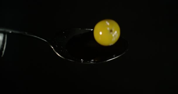 Green Olive Olea Europaea Falling Olive Oil Black Background Slow — Vídeos de Stock