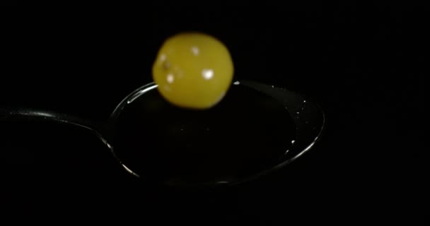 Green Olive Olea Europaea Vallen Olijfolie Tegen Zwarte Achtergrond Slow — Stockvideo