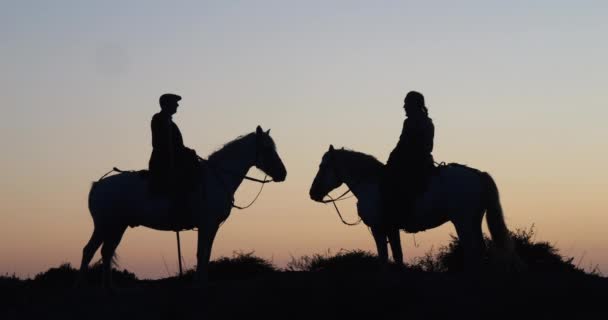 Man Woman Camargue Camarguais Horse Dunes Sunrise Manadier Camargue South — Stok Video
