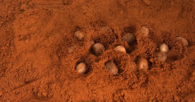 Nutmeg, myristica parçacıkları, Nutmeg pudrasının üzerine düşen fındık,