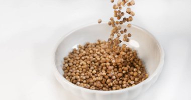 Kişniş, kişniş satium, Beyaz Arkaplan 'a düşen tohumlar