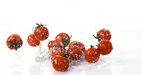 Kerstomaten Solanum Lycopersicum Vruchten Die Water Vallen Tegen Witte Achtergrond — Stockfoto