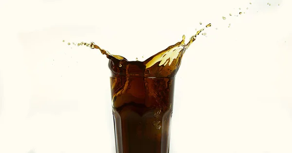 Ice Cubes Falling Glass Coke White Background — Stock Photo, Image