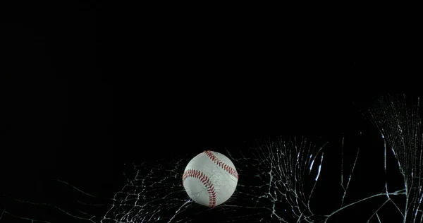 Мяч Бейсбола Разбивает Стекло Черном Фоне — стоковое фото