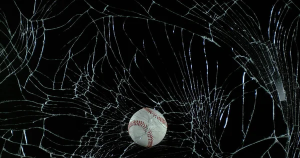 Ball Baseball Breaking Pane Glass Black Background — Stock Photo, Image