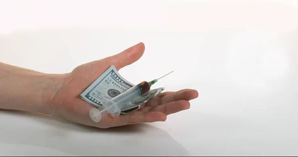 Syringe Falling Hand Dollars White Background — Stock Photo, Image