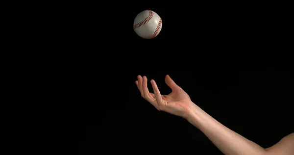 Mão Mulher Jogando Uma Bola Beisebol Contra Fundo Preto — Fotografia de Stock