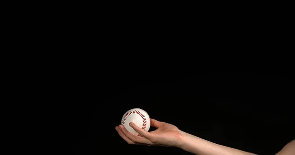 Hand Woman Házení Míč Baseball Černém Pozadí — Stock fotografie
