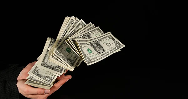 Mano Mujer Dólar Billetes Banco Contra Fondo Negro —  Fotos de Stock