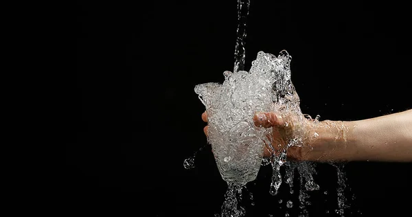 Woman Hands Water Flowing Glass Black Background — Stock Photo, Image