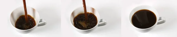 Café Sendo Derramado Uma Xícara Contra Fundo Branco — Fotografia de Stock
