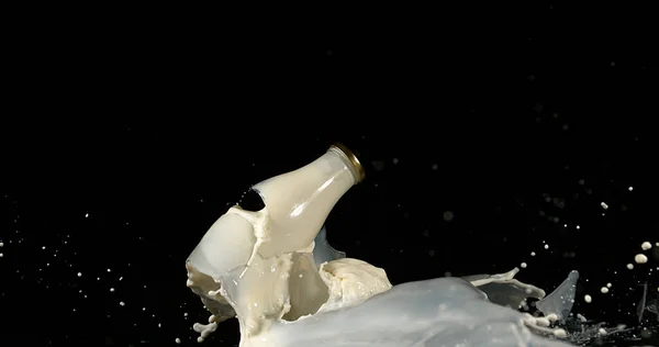 Bottle Milk Exploding Black Background — Stock Photo, Image