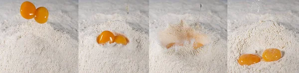 Яйцо Падает Муку Белом Фоне — стоковое фото