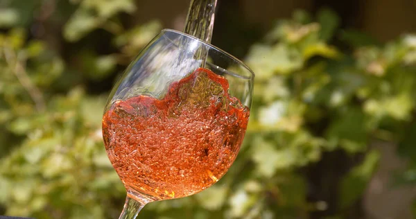 Pembe Şarap Cam Içine Dökülür Varlık — Stok fotoğraf