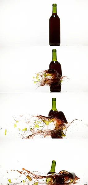Garrafa Quebra Vinho Tinto Respingo Contra Fundo Branco — Fotografia de Stock