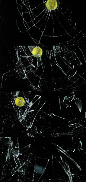 Volet Rupture Balle Tennis Verre Sur Fond Noir — Photo