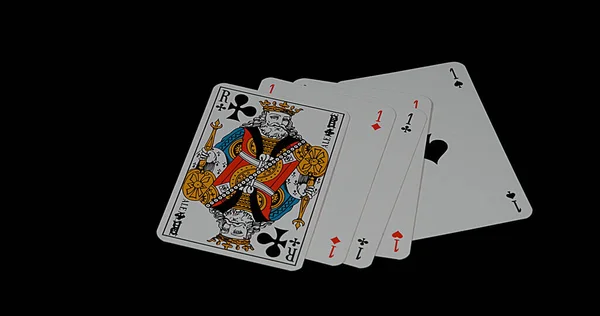 Speelkaarten Vier Azen Een Koning Vallen Tegen Zwarte Achtergrond — Stockfoto